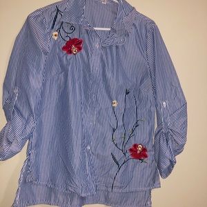 Blue and white striped floral blouse